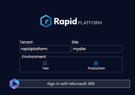 A screenshot showing how the Tasks Login Wizard appears. The background is dark navy blue with the logo and name Rapid Platform at the top. Underneath are several fields for the user to fill out. Tenant is filled with the example &quot;rapidplatform&quot; and Site is filled with the example &quot;mysite&quot;. The environment section has two checkboxes: Test and Production. In this example, production is checked. At the bottom of the screenshot is a button labelled &quot;Sign in with Microsoft 365&quot;.